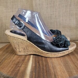 BOC Born Concept Wedge Sandals Women's Size 10 Black Leather‎ Floral Slingback